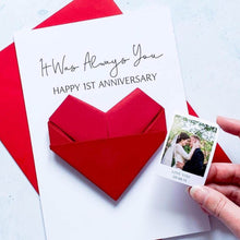 Load image into Gallery viewer, 1st Anniversary Card, Origami Heart Photo Card, Personalised Paper Wedding Anniversary, Large Handmade Keepsake Gift, For Wife, Husband
