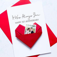 Load image into Gallery viewer, 1st Anniversary Card, Origami Heart Photo Card, Personalised Paper Wedding Anniversary, Large Handmade Keepsake Gift, For Wife, Husband