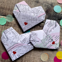 Load image into Gallery viewer, Personalised Map Anniversary Card, Origami Heart Hidden Message, Handmade Custom Keepsake For Husband, Wife, Boyfriend, Girlfriend