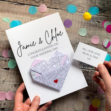 Load image into Gallery viewer, Personalised Map Wedding Card, Congratulations on Your Wedding Day, Wedding Venue Location, Origami Heart Keepsake Gift For Couples