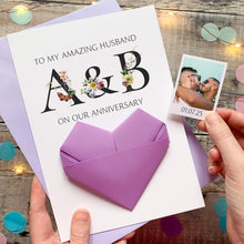 Load image into Gallery viewer, Husband Anniversary Card, Origami Heart Keepsake, Personalised Gift for Husband, LBGTQ Couple, Same Sex Wedding, Gay Wedding Anniversary