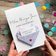 Load image into Gallery viewer, Personalised Map Anniversary Card, Origami Heart Hidden Message, Handmade Custom Keepsake For Husband, Wife, Boyfriend, Girlfriend