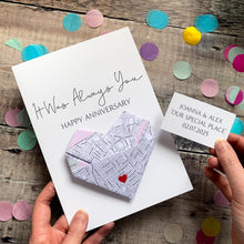Load image into Gallery viewer, Personalised Map Anniversary Card, Origami Heart Hidden Message, Handmade Custom Keepsake For Husband, Wife, Boyfriend, Girlfriend