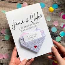 Load image into Gallery viewer, Personalised Map Wedding Card, Congratulations on Your Wedding Day, Wedding Venue Location, Origami Heart Keepsake Gift For Couples