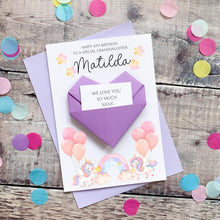 Load image into Gallery viewer, Personalised Unicorn Birthday Card, Granddaughter, Daughter, For Little Girl, Luxury Large Origami Heart Keepsake Gift, Any Age