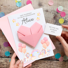 Load image into Gallery viewer, Personalised Unicorn Birthday Card, Granddaughter, Daughter, For Little Girl, Luxury Large Origami Heart Keepsake Gift, Any Age