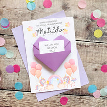 Load image into Gallery viewer, Personalised Unicorn Birthday Card, Granddaughter, Daughter, For Little Girl, Luxury Large Origami Heart Keepsake Gift, Any Age