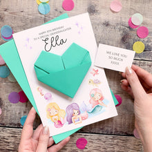Load image into Gallery viewer, Personalised Mermaid Birthday Card, Granddaughter, Daughter, For Little Girl, Luxury Large Origami Heart Keepsake Gift, Any Age
