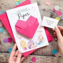 Load image into Gallery viewer, Personalised Mermaid Birthday Card, Granddaughter, Daughter, For Little Girl, Luxury Large Origami Heart Keepsake Gift, Any Age