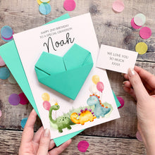 Load image into Gallery viewer, Personalised Dinosaur Birthday Card, Grandson, Son, For Little Boy, Luxury Large Origami Heart Keepsake Gift, Any Age