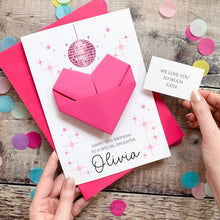 Load image into Gallery viewer, Personalised Disco Ball Birthday Card, Granddaughter, Daughter, For Teenager, Luxury Large Origami Heart Keepsake Gift, Any Age