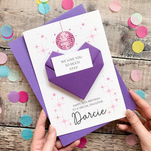 Load image into Gallery viewer, Personalised Disco Ball Birthday Card, Granddaughter, Daughter, For Teenager, Luxury Large Origami Heart Keepsake Gift, Any Age
