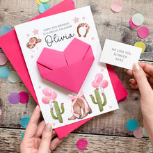 Load image into Gallery viewer, Personalised Cowboy Hat &amp; Boots Birthday Card, Granddaughter, Daughter, For Teenager, Luxury Large Origami Heart Keepsake Gift, Any Age