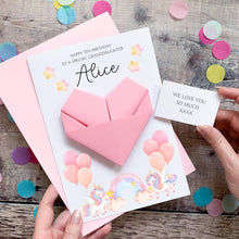 Load image into Gallery viewer, Personalised Unicorn Birthday Card, Granddaughter, Daughter, For Little Girl, Luxury Large Origami Heart Keepsake Gift, Any Age