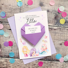 Load image into Gallery viewer, Personalised Mermaid Birthday Card, Granddaughter, Daughter, For Little Girl, Luxury Large Origami Heart Keepsake Gift, Any Age