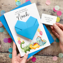 Load image into Gallery viewer, Personalised Dinosaur Birthday Card, Grandson, Son, For Little Boy, Luxury Large Origami Heart Keepsake Gift, Any Age