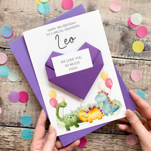 Load image into Gallery viewer, Personalised Dinosaur Birthday Card, Grandson, Son, For Little Boy, Luxury Large Origami Heart Keepsake Gift, Any Age