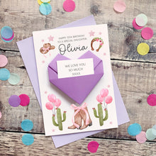 Load image into Gallery viewer, Personalised Cowboy Hat &amp; Boots Birthday Card, Granddaughter, Daughter, For Teenager, Luxury Large Origami Heart Keepsake Gift, Any Age