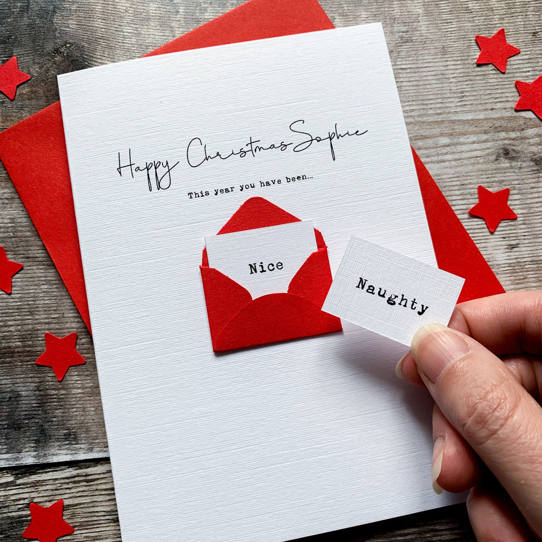 Personalised Naughty/Nice Mini Envelope Christmas Card – Personalised friend Card – Card for brother/sister – Christmas Day card for friends