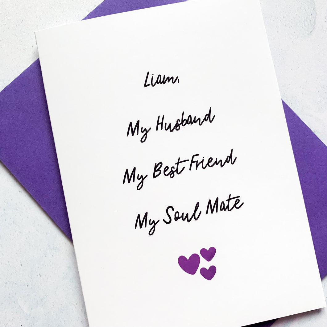Husband, Best Friend, Soul Mate Anniversary Card, Husband Anniversary Card, Card for him, Card for Husband, Anniversary Card for Husband